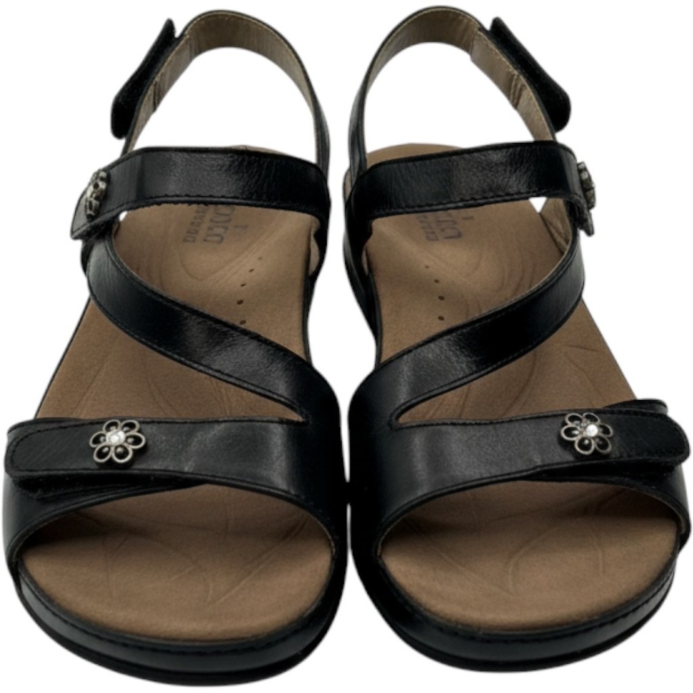 Romika German Black Leather Strappy Comfort Sandals Flower Accents Size 8.5